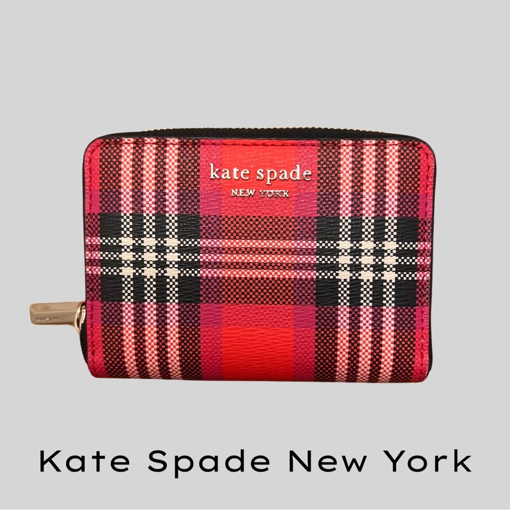 KATE SPADE NEW YORK SPENCER FOLIAGE PLAID MINI WALLET + CARD HOLDER - RED PLAID